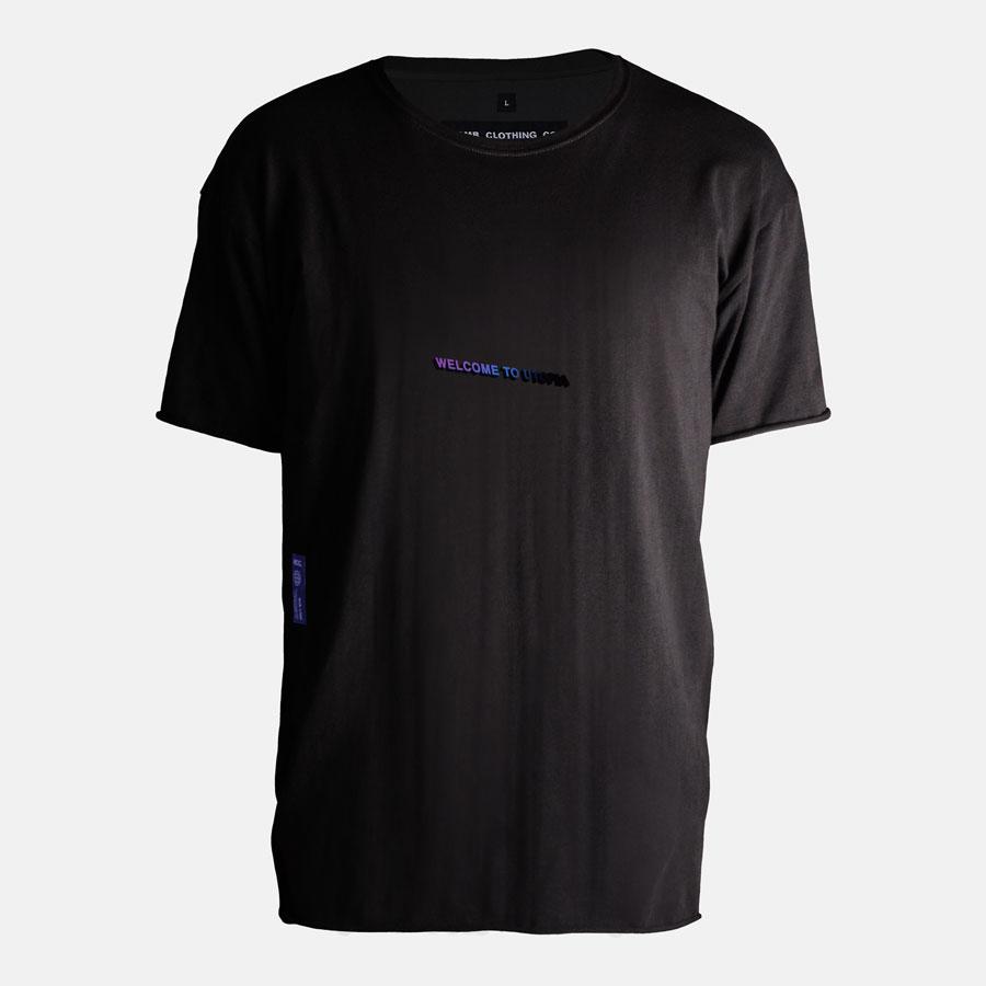 Wearing shot of Welcome to Utopia tshirt in black